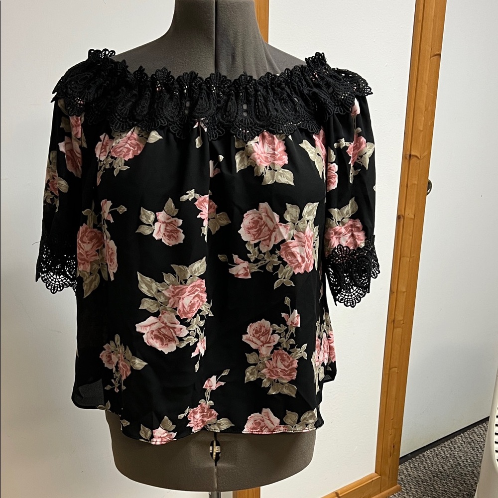 Iz Byer Black and Pink Floral Lace Blouse